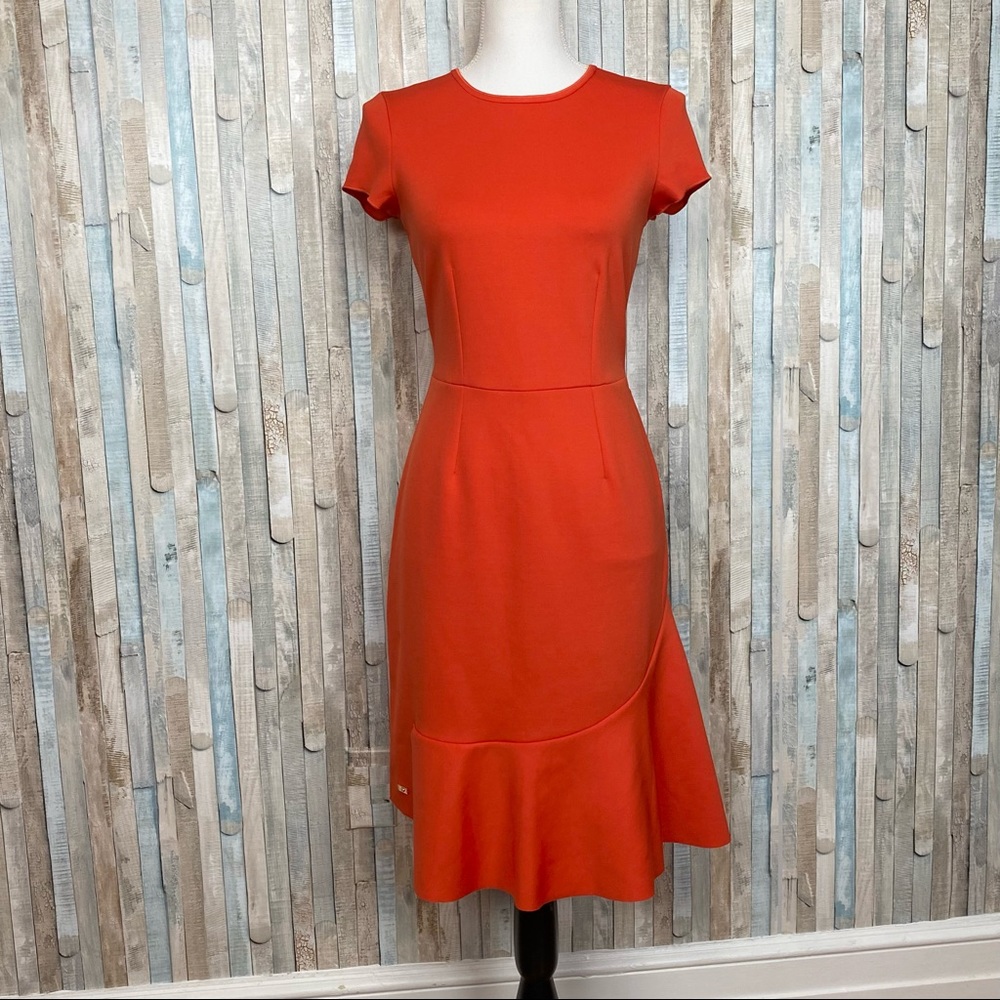 Escada 34 4 Sport Bright Coral Stretch Ponte Knit Ruffle Hem Sheath Dress Career